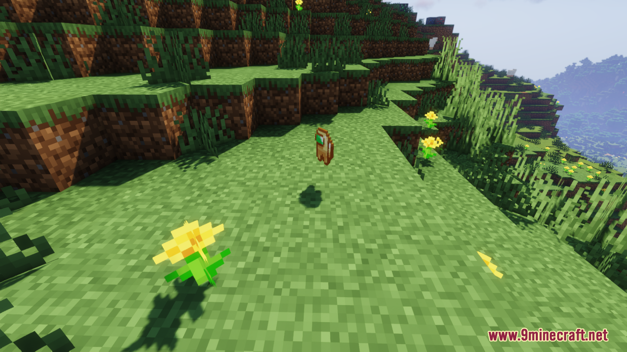 A single Among Us crewmate totem floats above a grassy hill with flowers