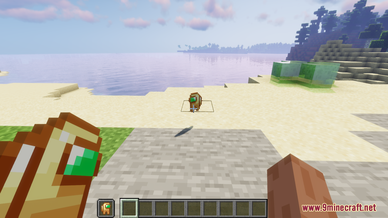 Player holding a custom totem shaped like a crewmate from Among Us