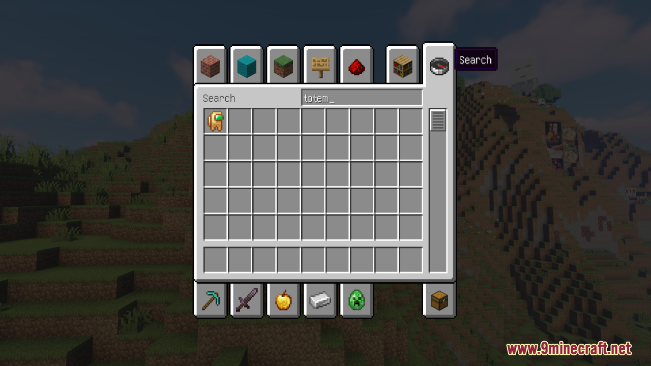 The creative inventory search results showing a custom Among Us crewmate totem