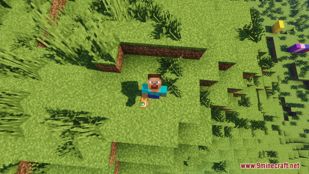 Top down view of Steve holding a small Among Us crewmate totem