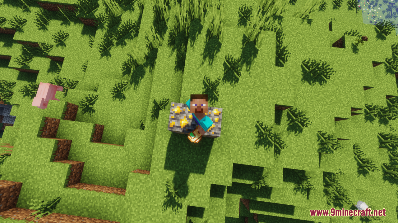 Minecraft character standing on gold ore holding a small Among Us crewmate totem