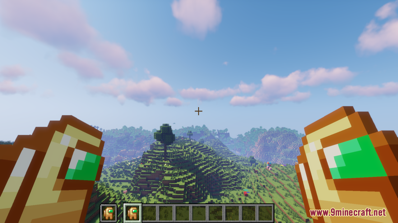 Player holding two Among Us crewmate totems in a scenic Minecraft world