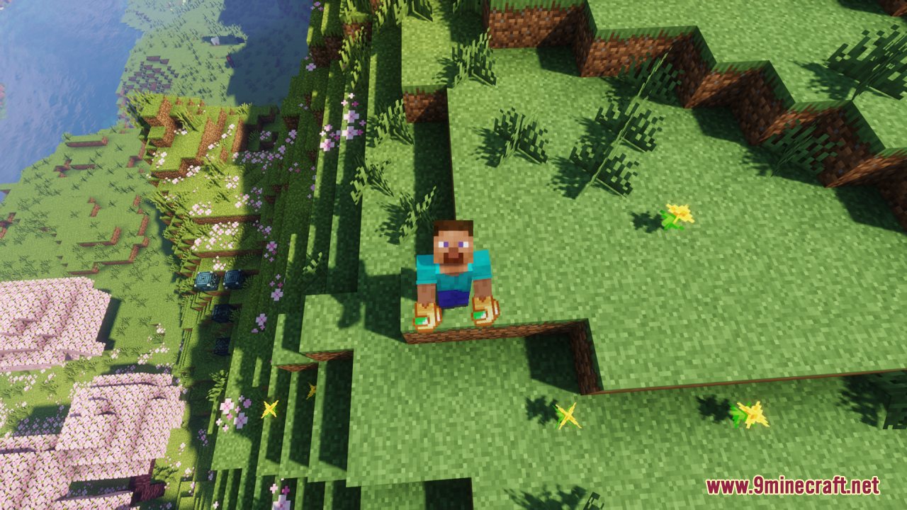A Minecraft player stands on a cliff holding two Among Us crewmate totems