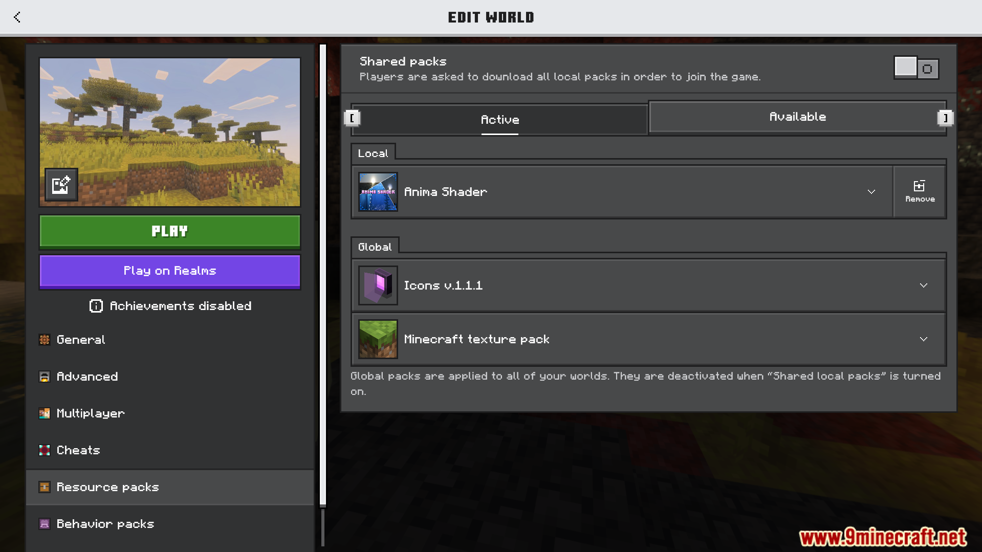 Minecraft settings menu showing active resource packs in the edit world screen