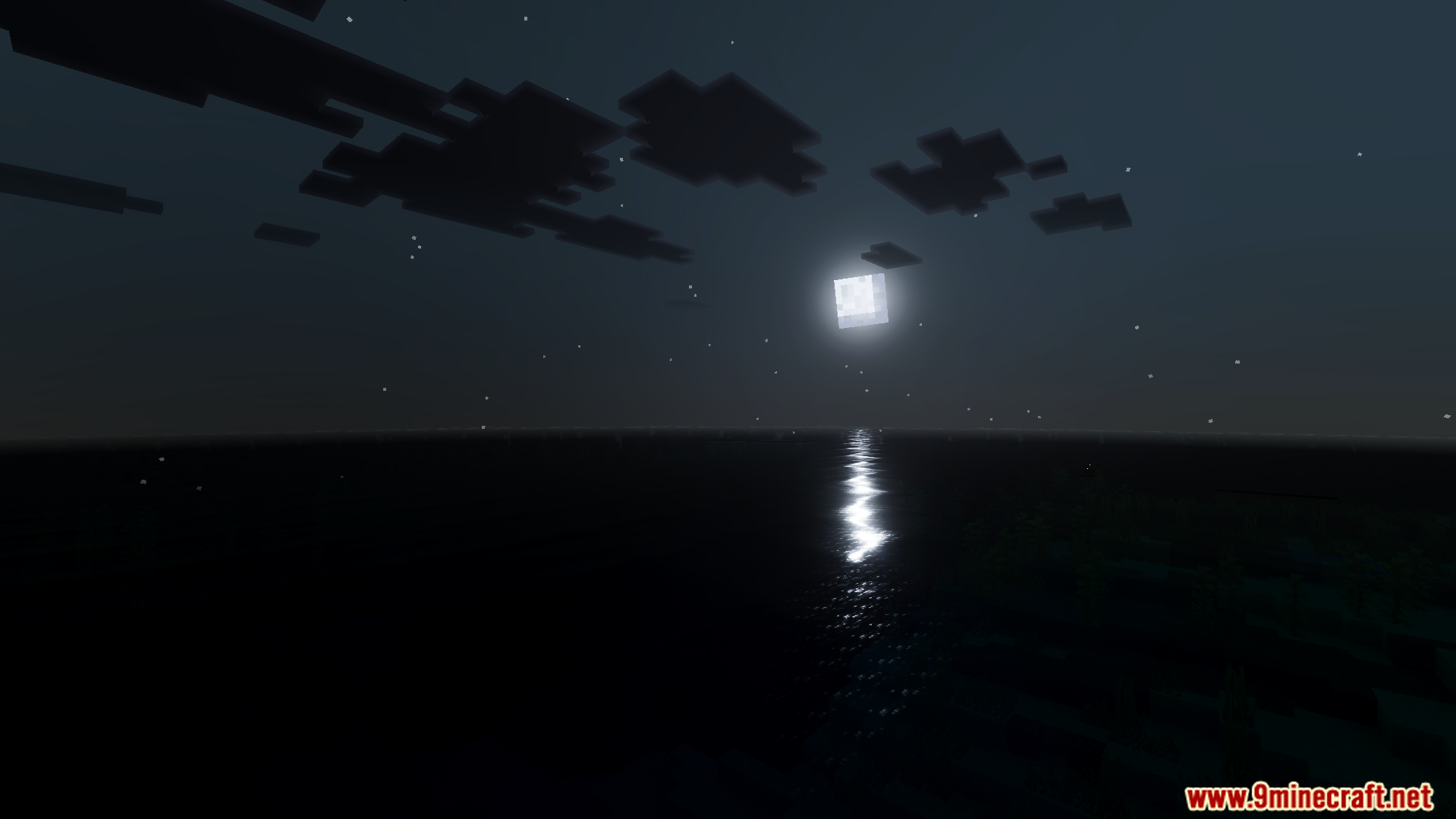 Dark night sky with bright stars and moon reflection on the ocean surface