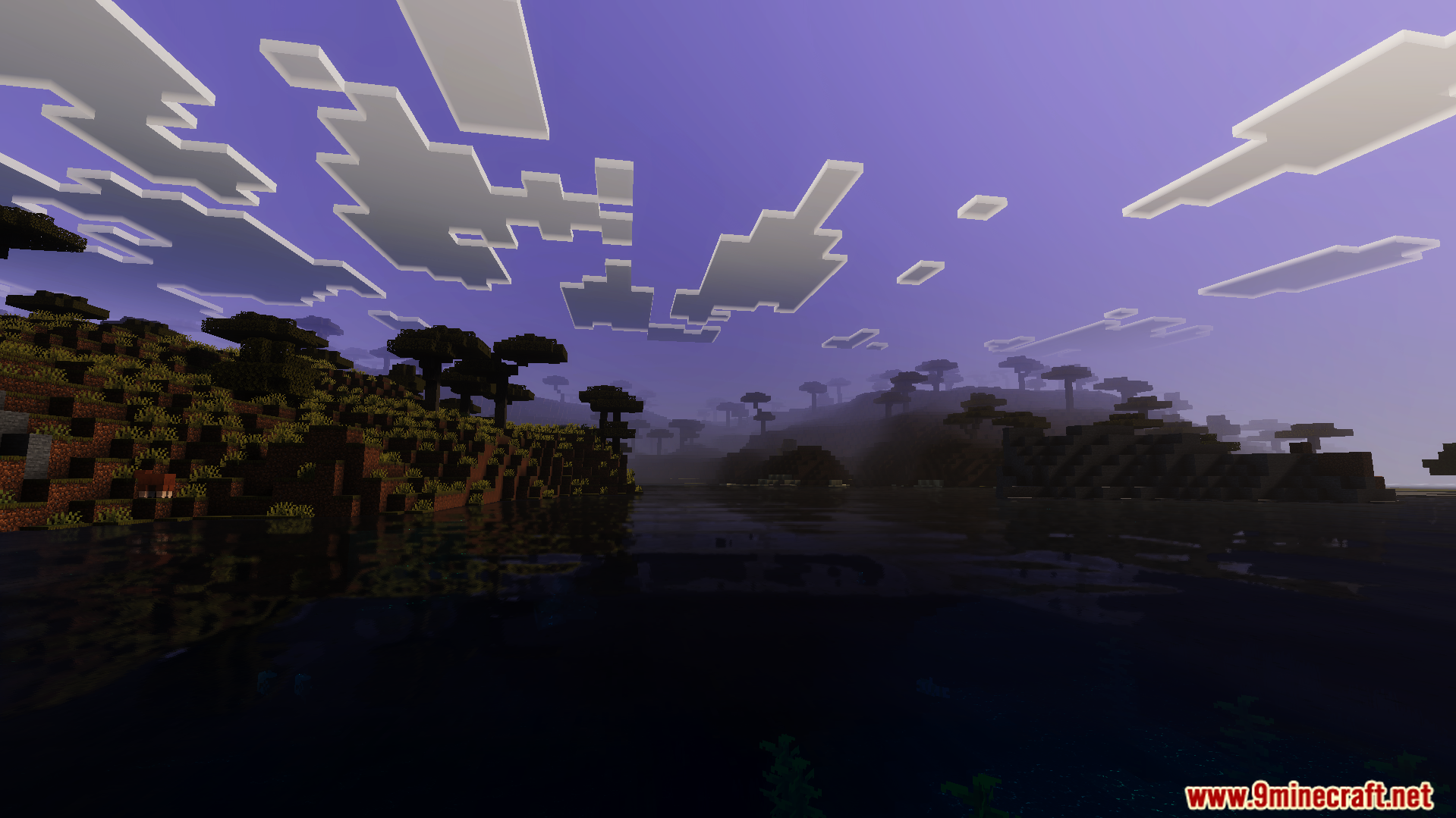 Dynamic water reflections and realistic shadows during a beautiful sunset in the savanna