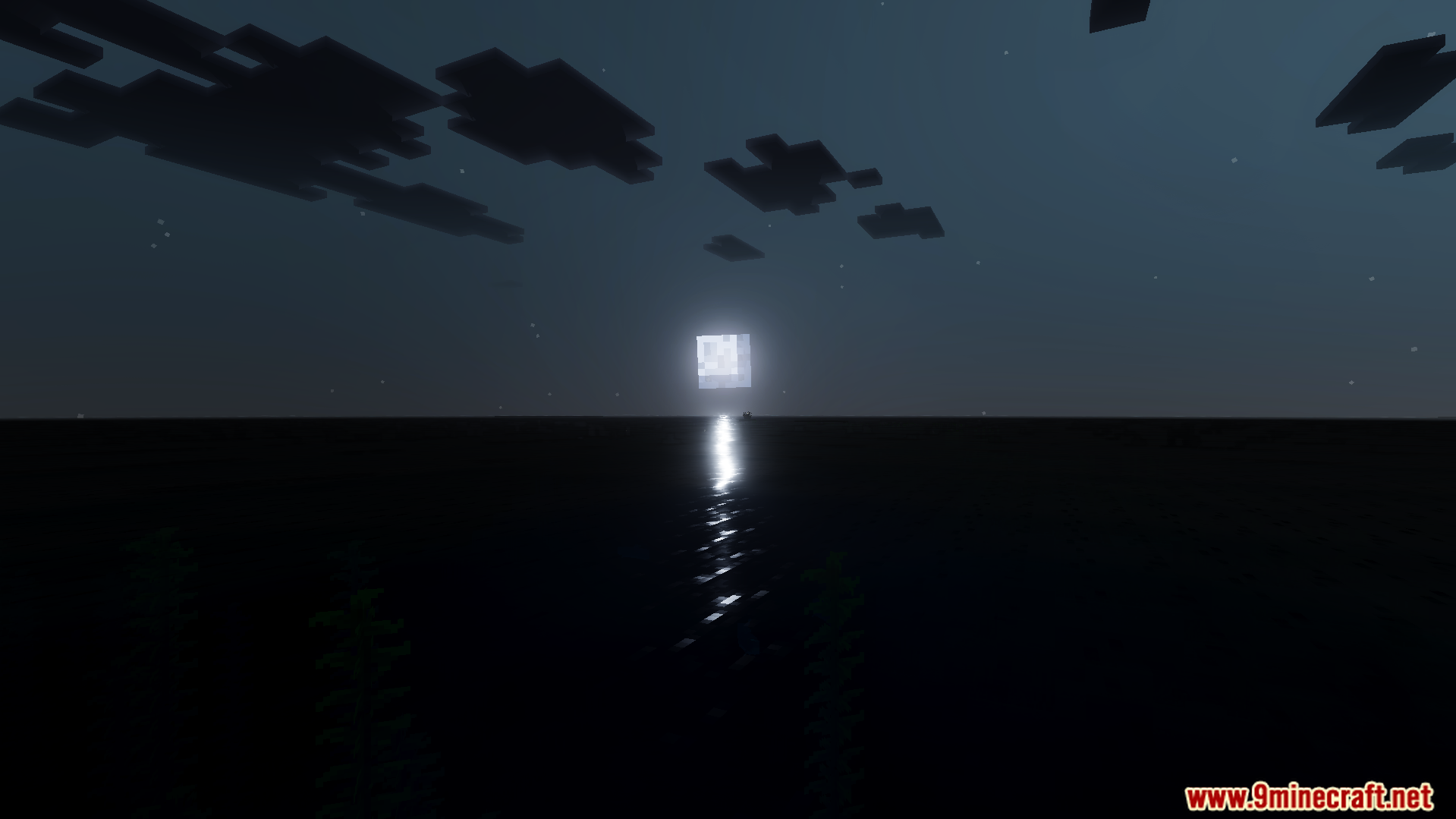 Square moon reflecting on dynamic 3D water under a dark starry night sky
