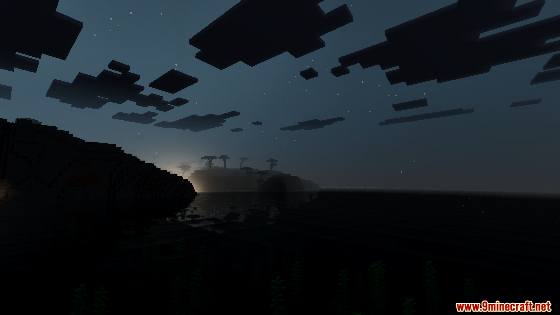 Dark island landscape under a starry night sky with realistic shadows and clouds