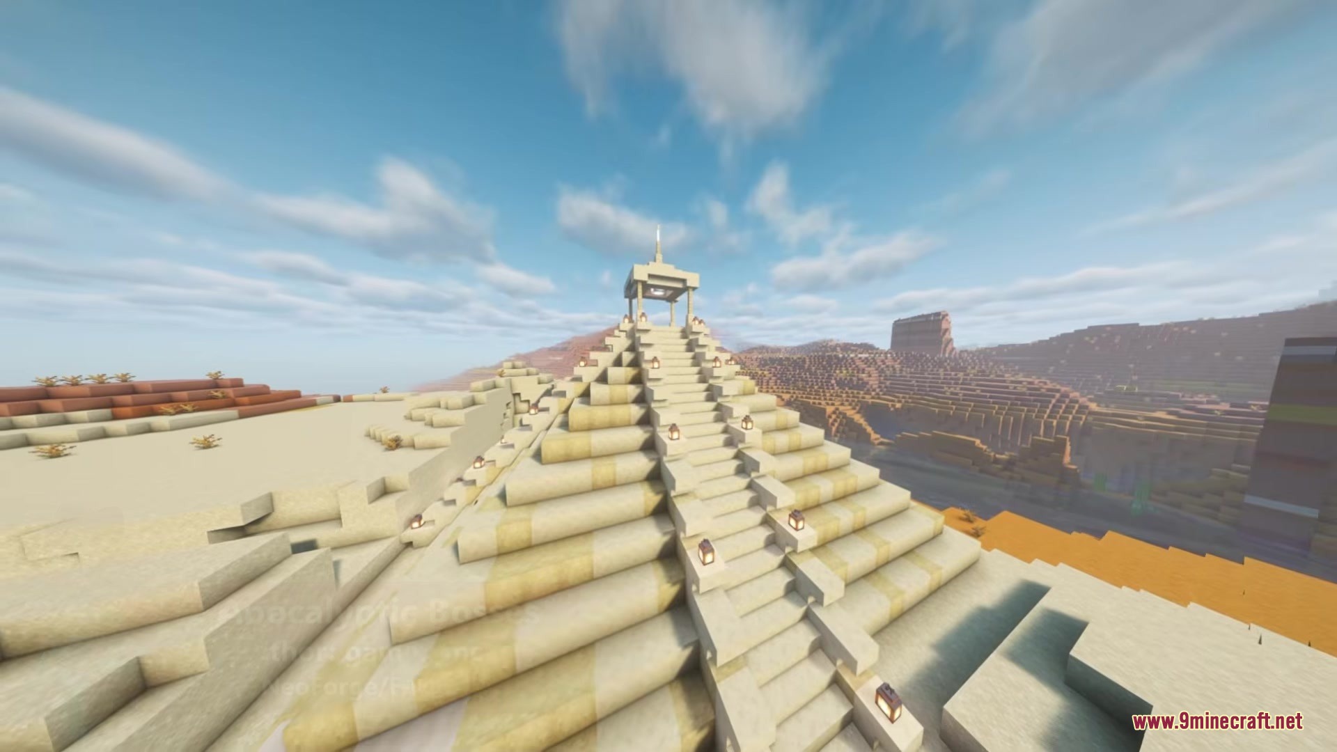 Apocalyptic Bosses Mod Screenshot 1 A massive sandstone pyramid structure standing in a vast desert biome