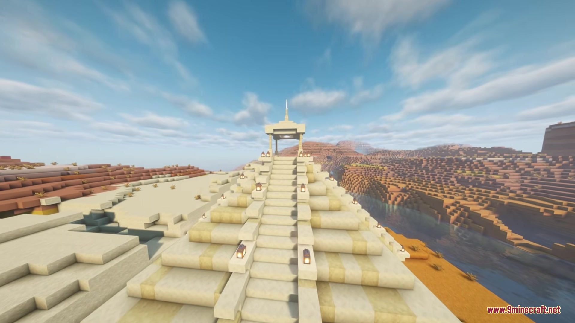 Apocalyptic Bosses Mod Screenshot 2 A sandstone pyramid with stairs and lanterns leading to the top