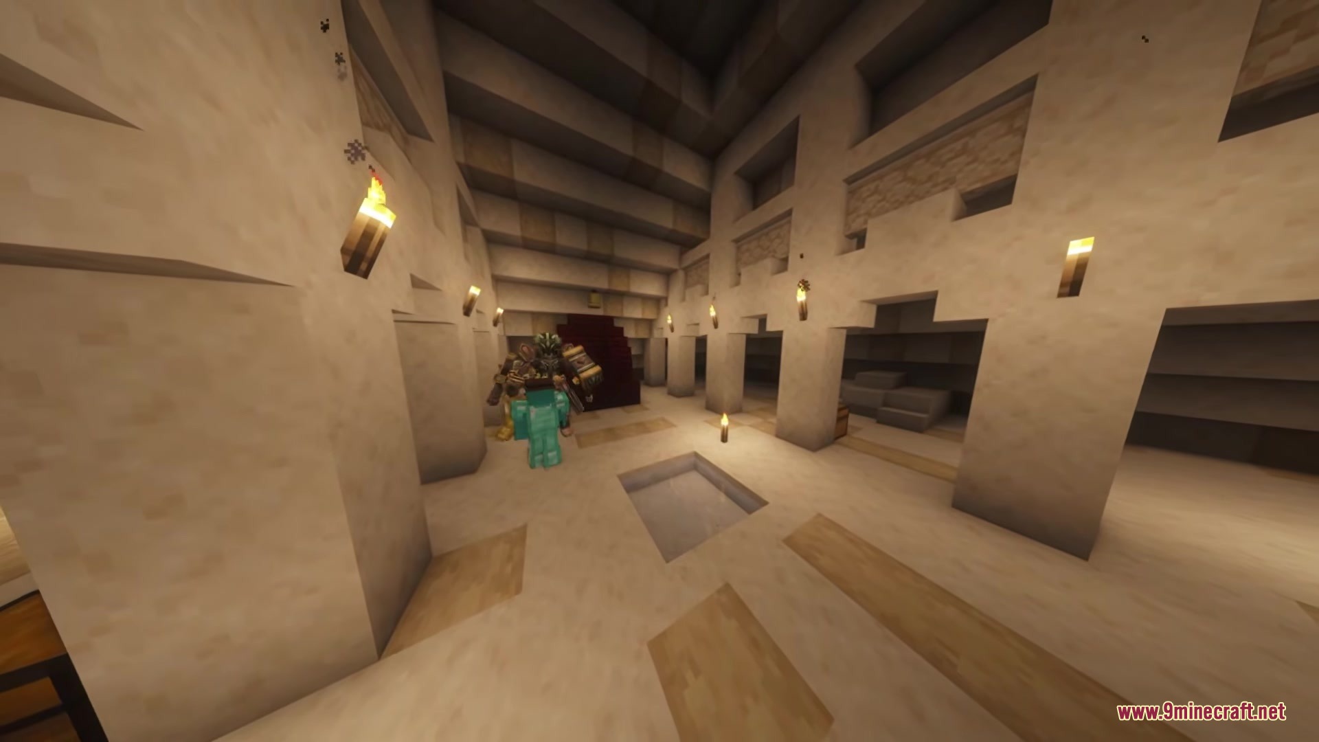 Apocalyptic Bosses Mod Screenshot 4 A massive boss mob stands guard near a red staircase in a desert structure