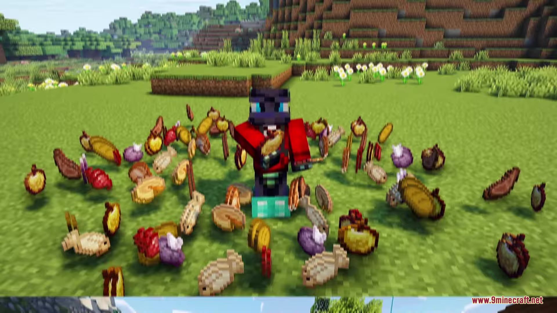 A Minecraft character stands in a field surrounded by many floating food items