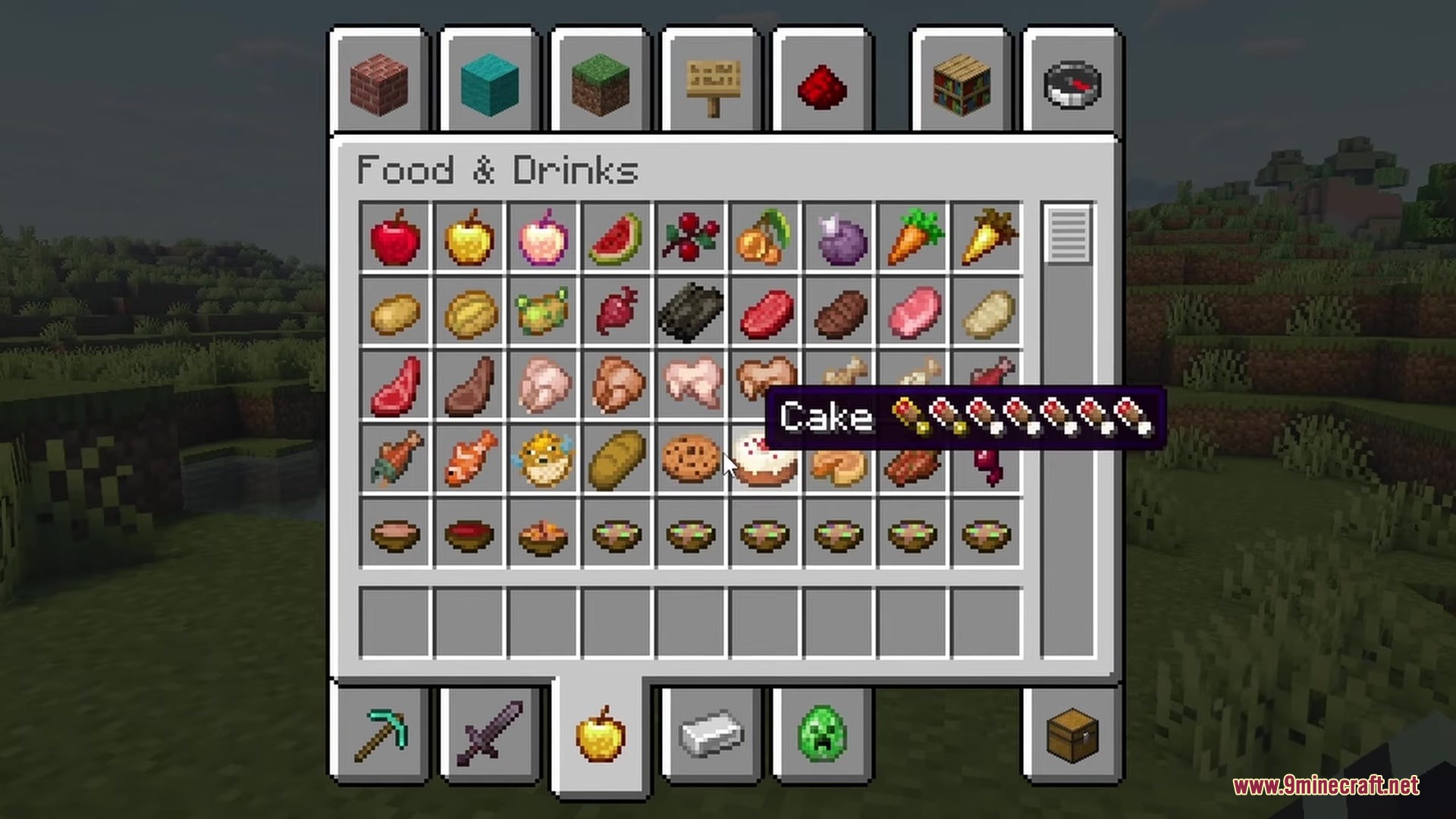 Creative inventory menu showing cake with hunger and saturation restoration icons displayed