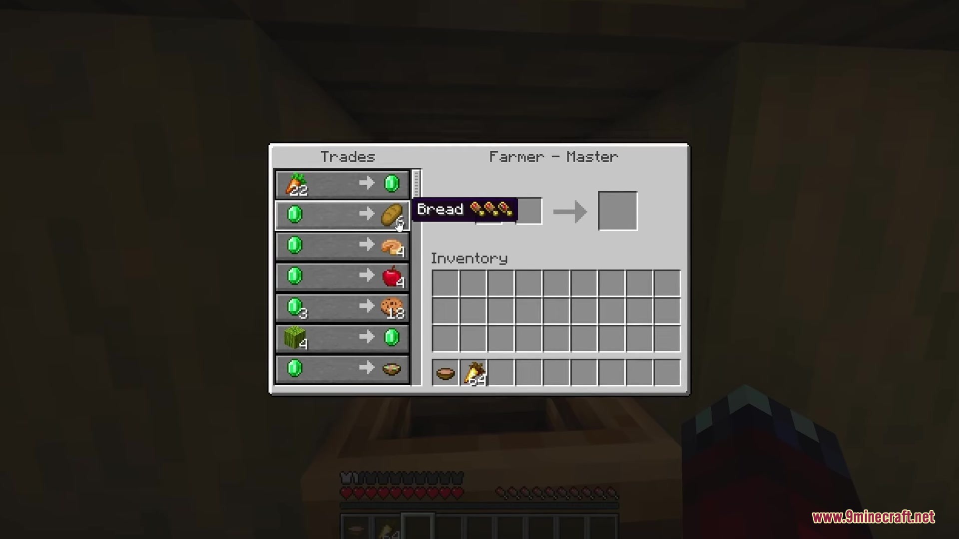 Farmer villager trading menu displaying hunger and saturation stats for bread