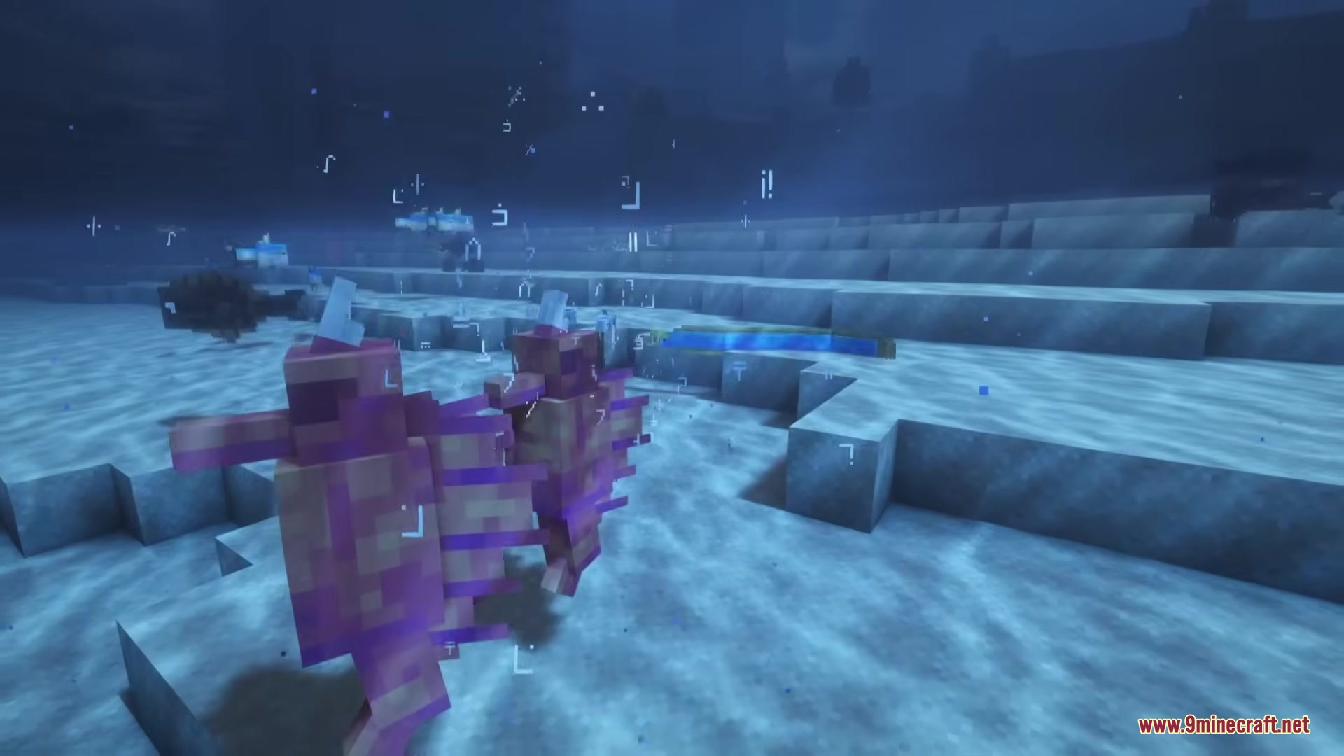 Aquatic Plus Mod Screenshot 3 Two purple seahorse creatures swimming near the ocean floor in Minecraft