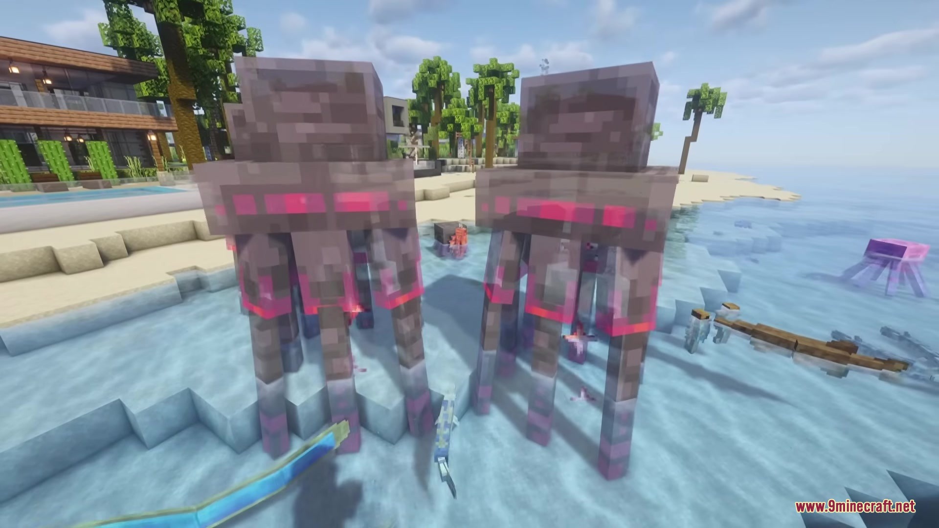 Aquatic Plus Mod Screenshot 6 Two giant dark jellyfish with pink glowing accents standing in the shallow water