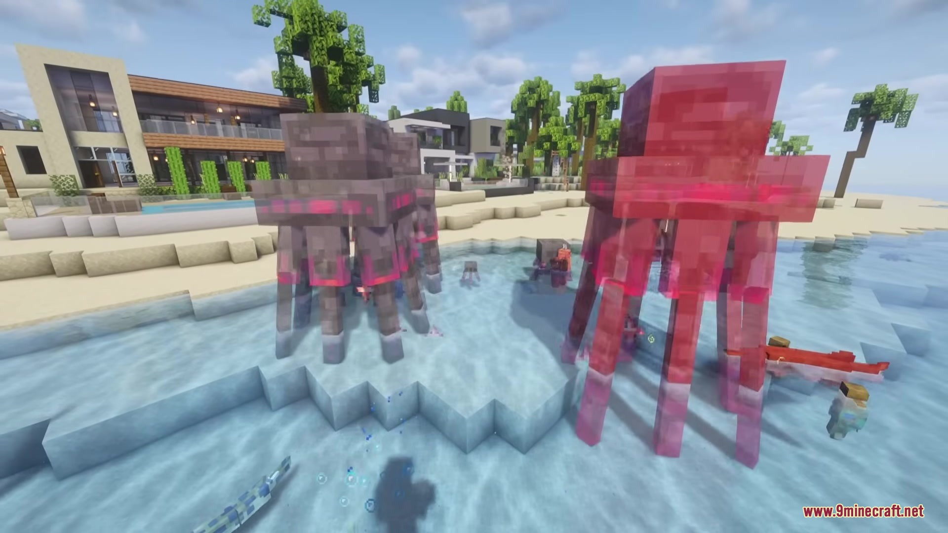 Aquatic Plus Mod Screenshot 7 Giant jellyfish creatures standing in the shallow water near a tropical beach