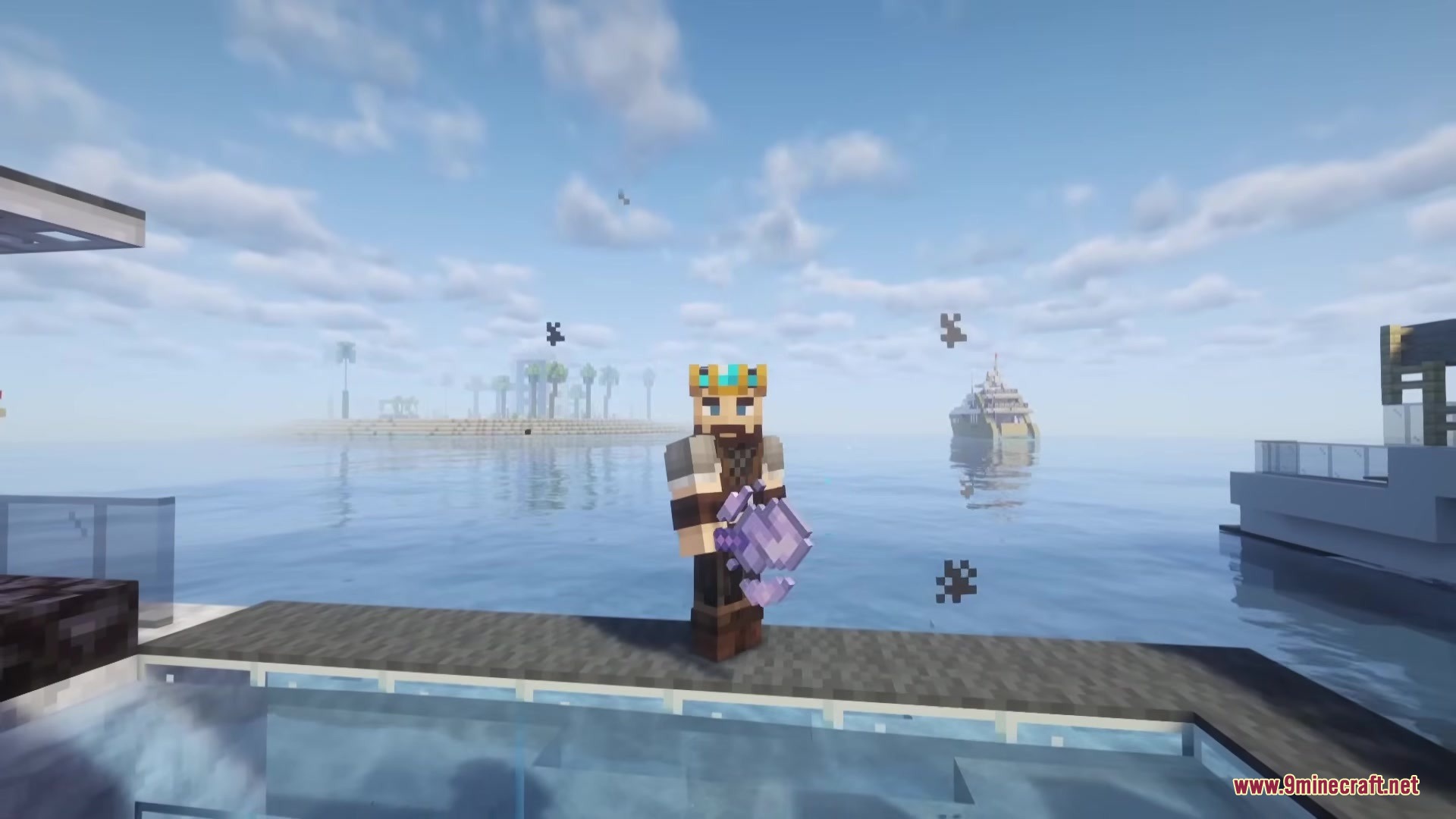 Aquatic Plus Mod Screenshot 8 A player wearing a crown holds a purple sea creature on a dock