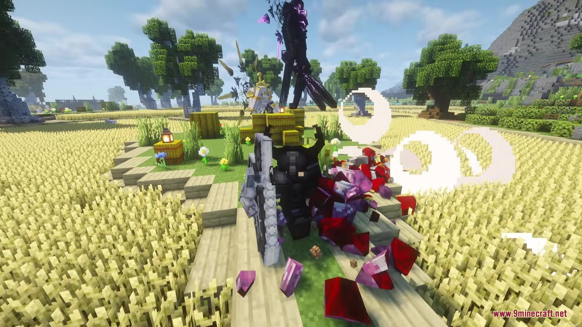 Arc Raiders Mod Screenshot 1 Armored player battles a massive robotic enemy in a golden wheat field