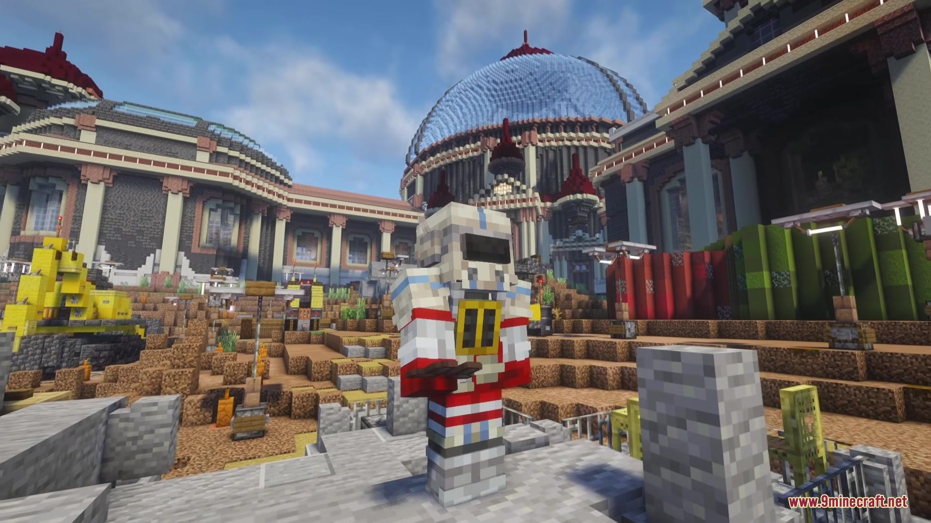 Arc Raiders Mod Screenshot 10 A character wearing white raider armor stands in front of a domed building