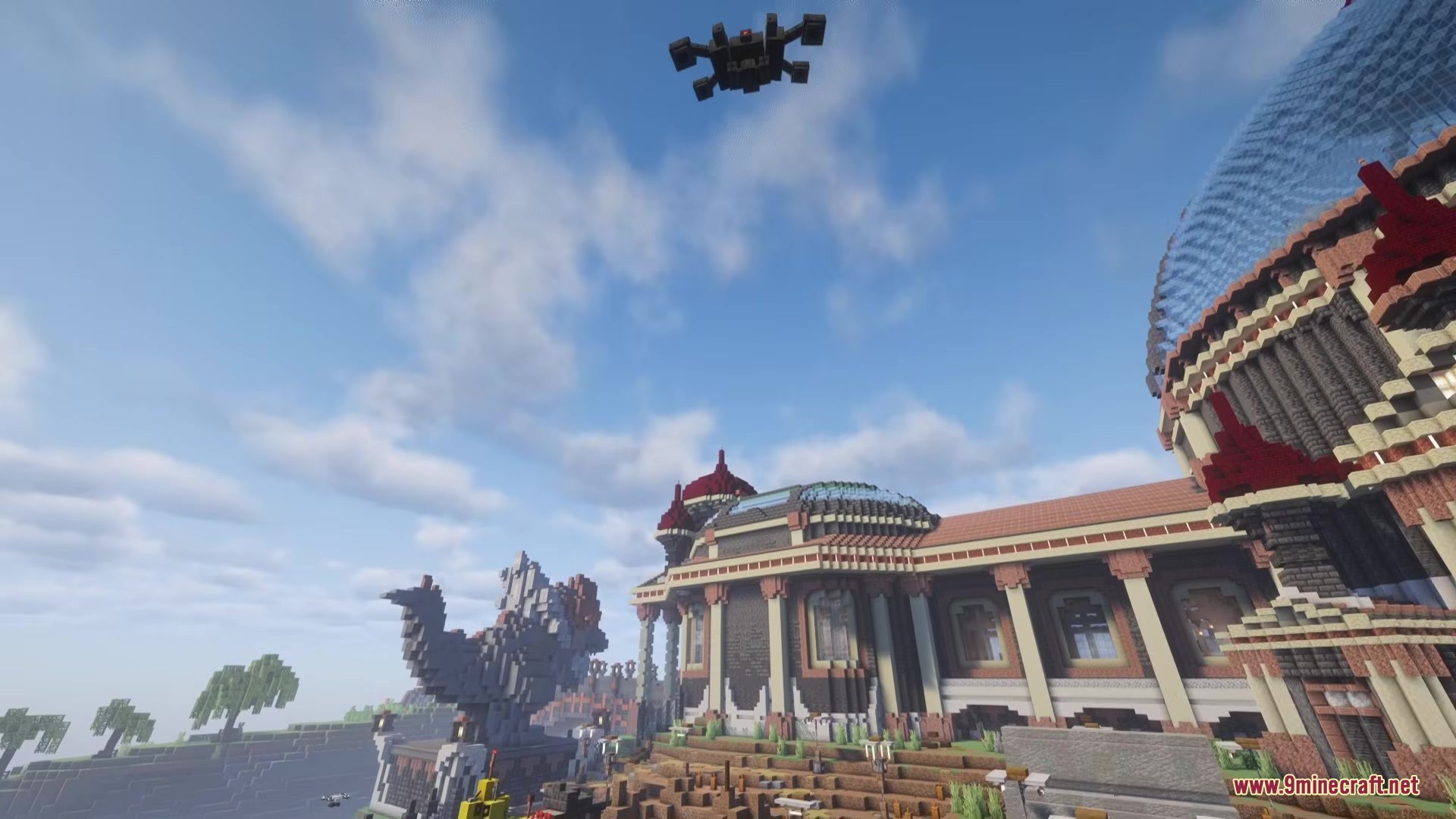 Arc Raiders Mod Screenshot 11 A robotic drone from Arc Raiders Mod flies above a grand building