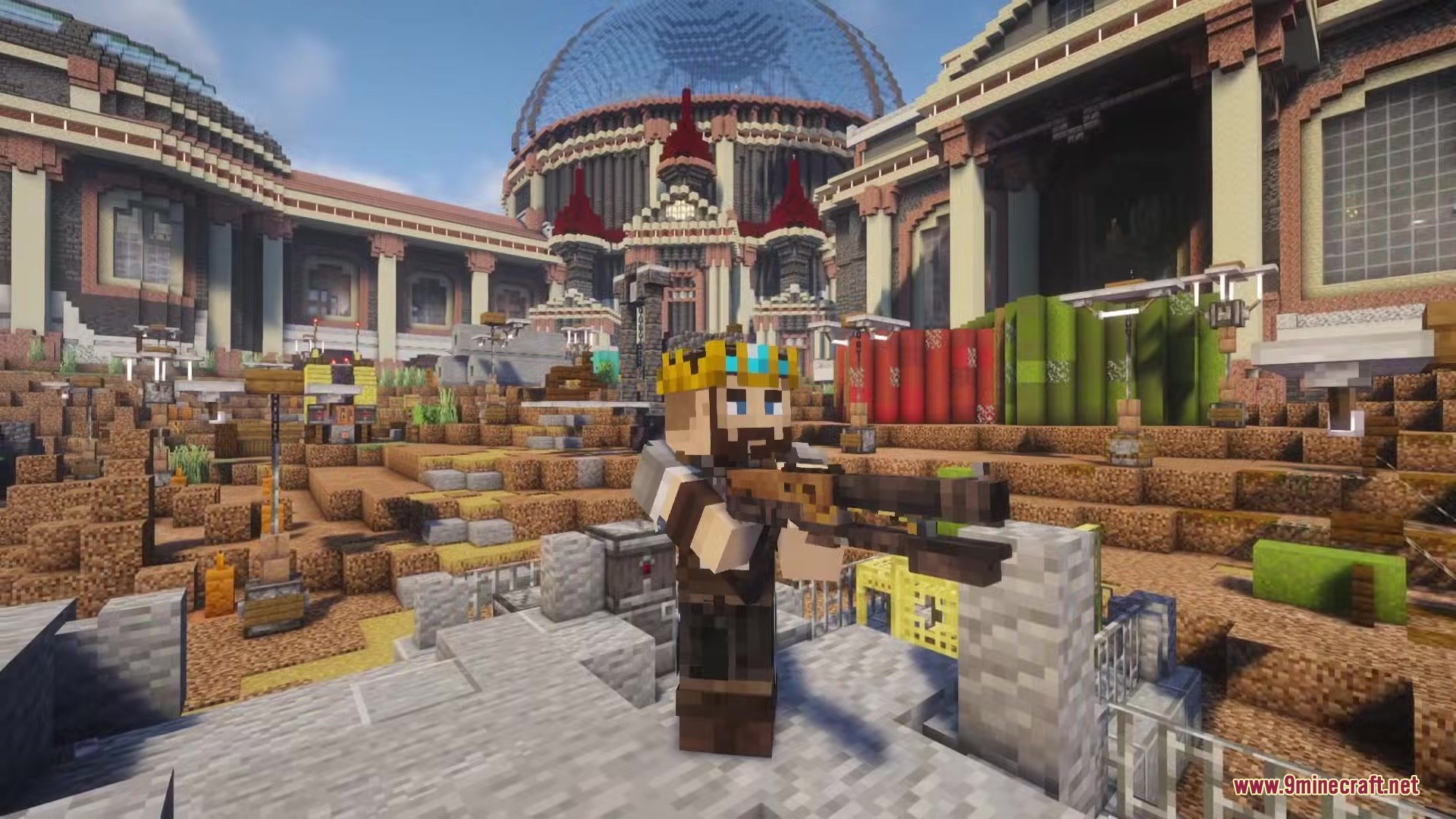 Arc Raiders Mod Screenshot 2 A player with a crown holds a custom firearm near a domed building