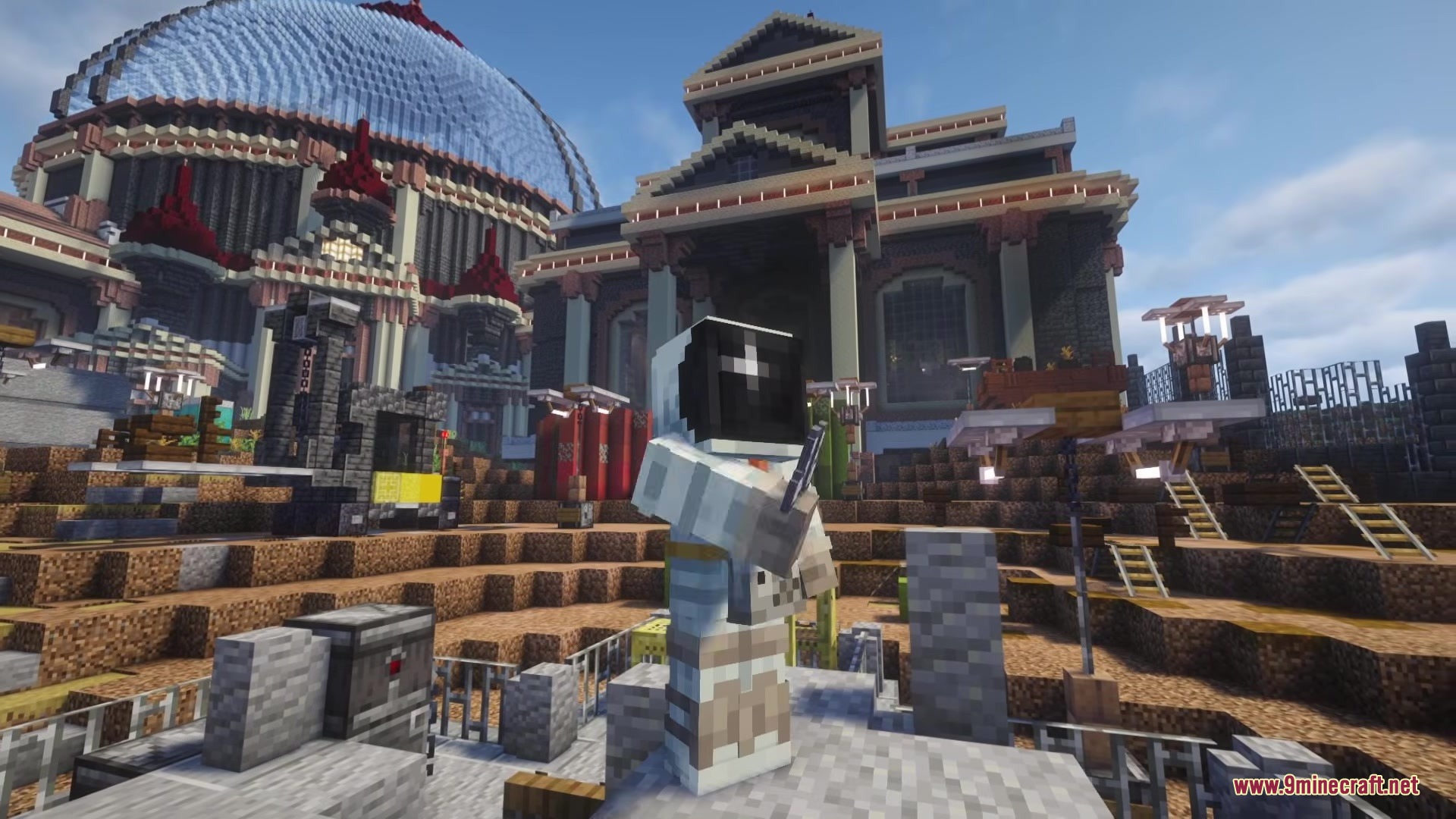Arc Raiders Mod Screenshot 3 A player wearing white raider armor holds a gun before large buildings