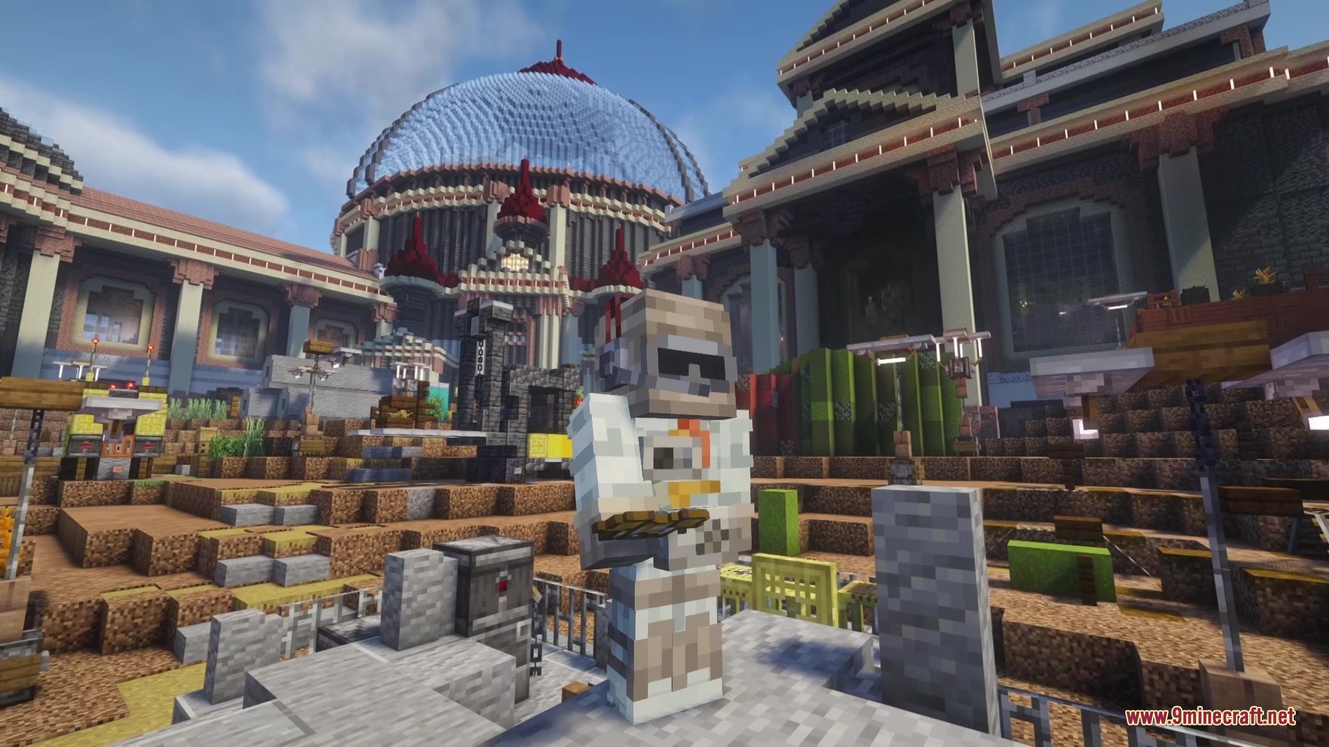 Arc Raiders Mod Screenshot 4 A player in futuristic gear holds a custom item near massive structures