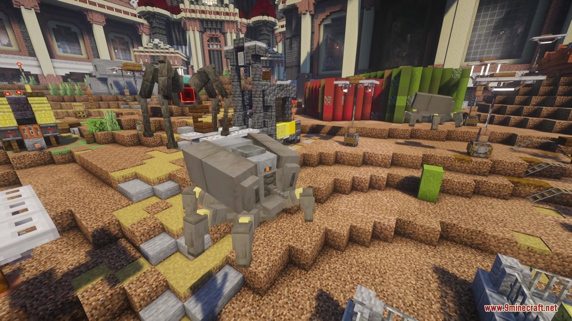 Arc Raiders Mod Screenshot 6 A grey robotic walker explores a desert landscape filled with custom structures