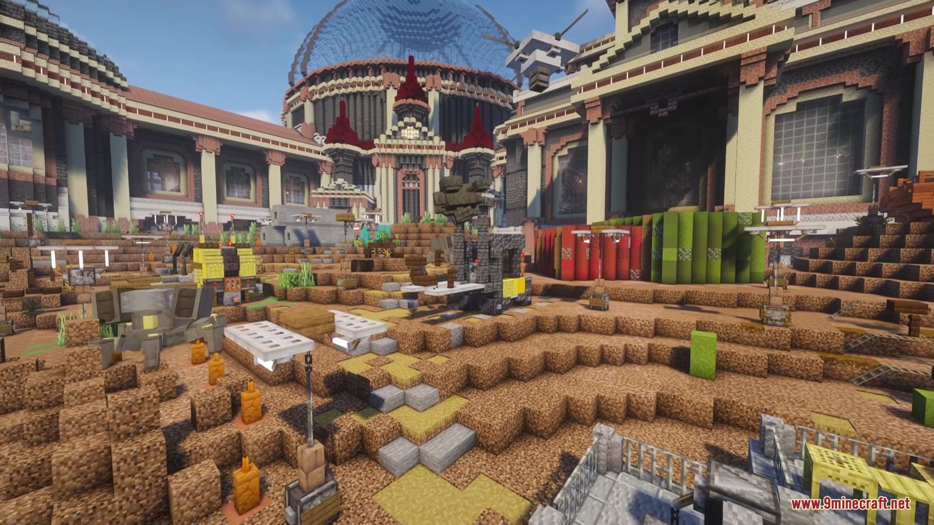 Arc Raiders Mod Screenshot 7 Large futuristic buildings and robotic enemies scattered across a hilly Minecraft landscape