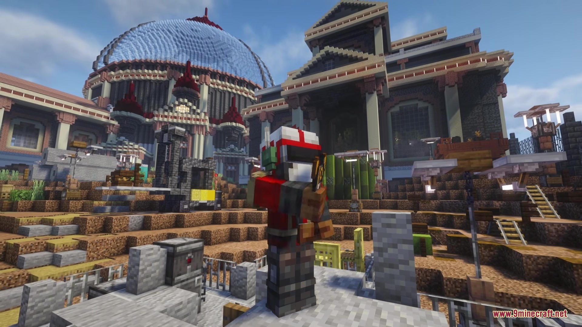 Arc Raiders Mod Screenshot 8 Player wearing red and white armor holding a weapon in a futuristic base