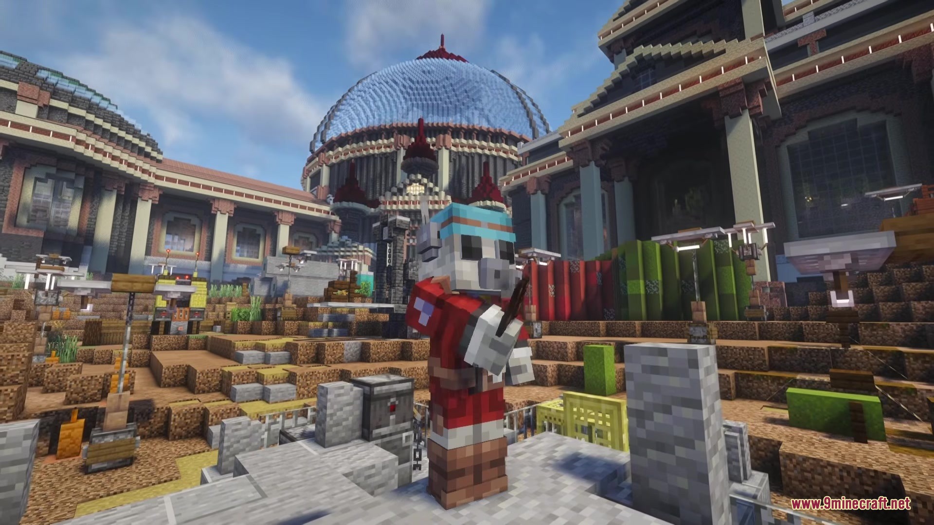 Arc Raiders Mod Screenshot 9 A player wearing red raider armor stands before a massive domed structure