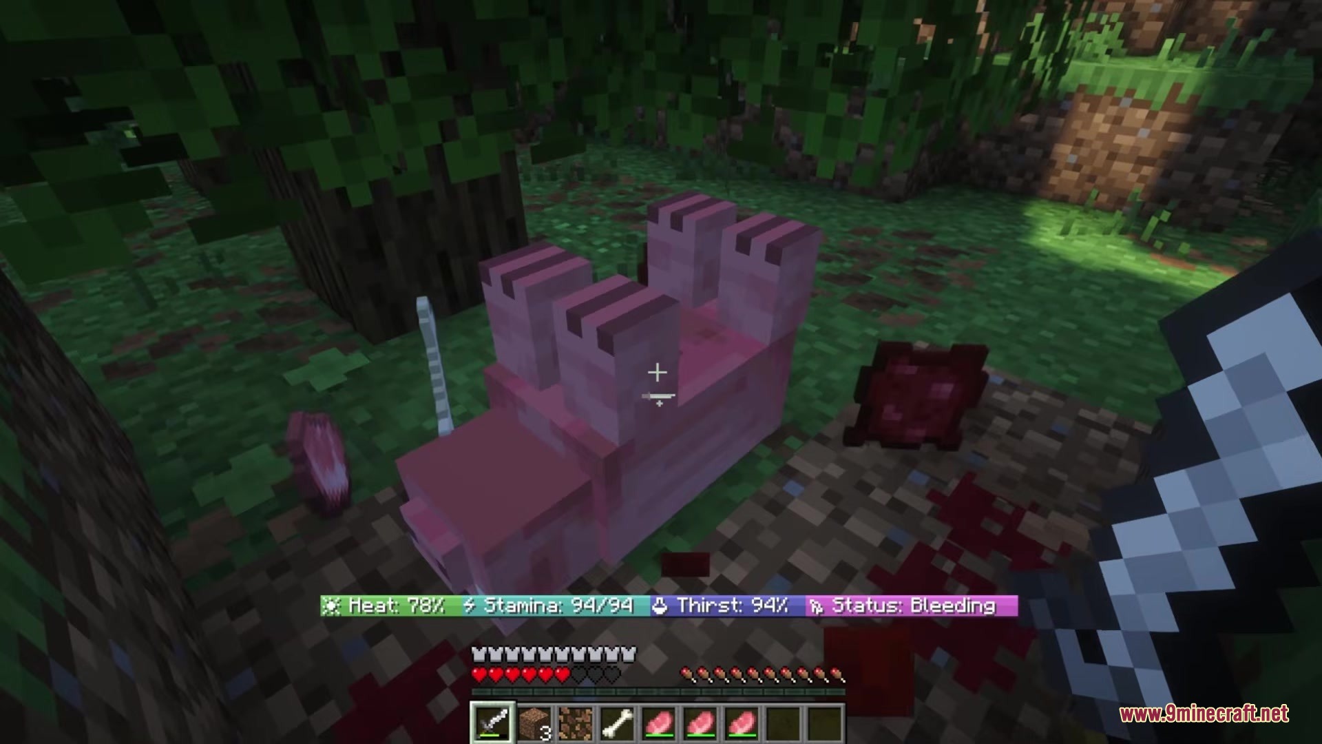 Arcadia Guard Mod Screenshot 1 A dead pig on the ground with a survival status bar showing bleeding