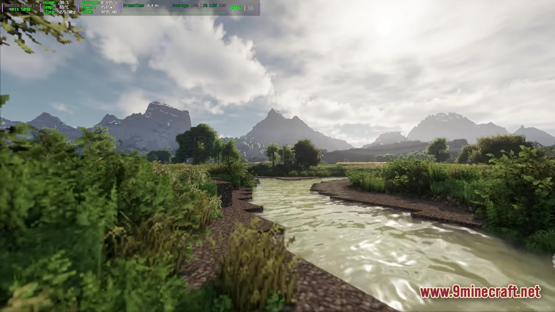 Arda Craft Modpack Screenshot 1 A winding river flows through a lush green valley toward distant snow-capped mountains under a bright sky