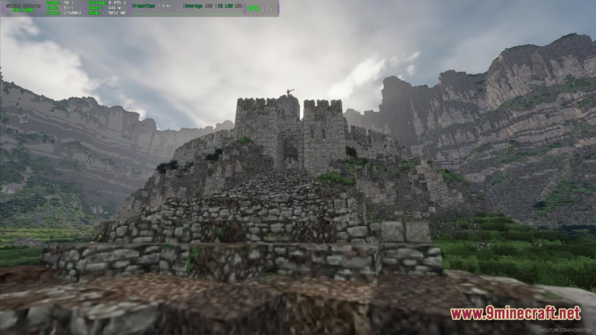 Arda Craft Modpack Screenshot 5 A stone fortress with crenelated towers built into a steep mountain landscape under a cloudy sky