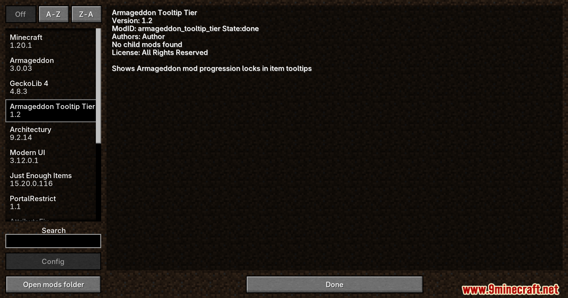Armageddon Tooltip Hint Mod Screenshot 1 Minecraft mod list screen showing details for the Armageddon Tooltip Tier mod