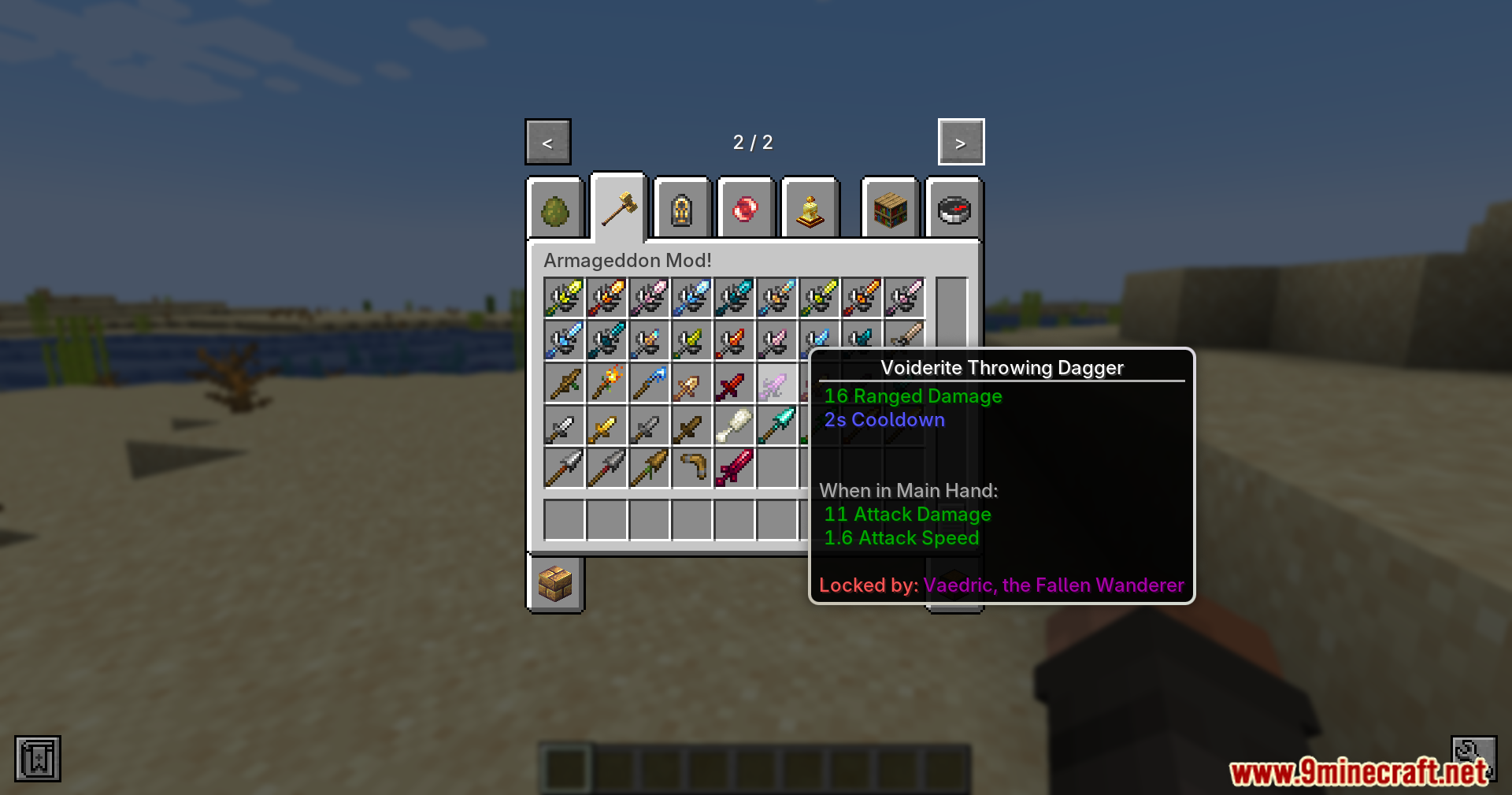 Armageddon Tooltip Hint Mod Screenshot 10 Inventory screen showing Voiderite Throwing Dagger tooltip with boss unlock hint text