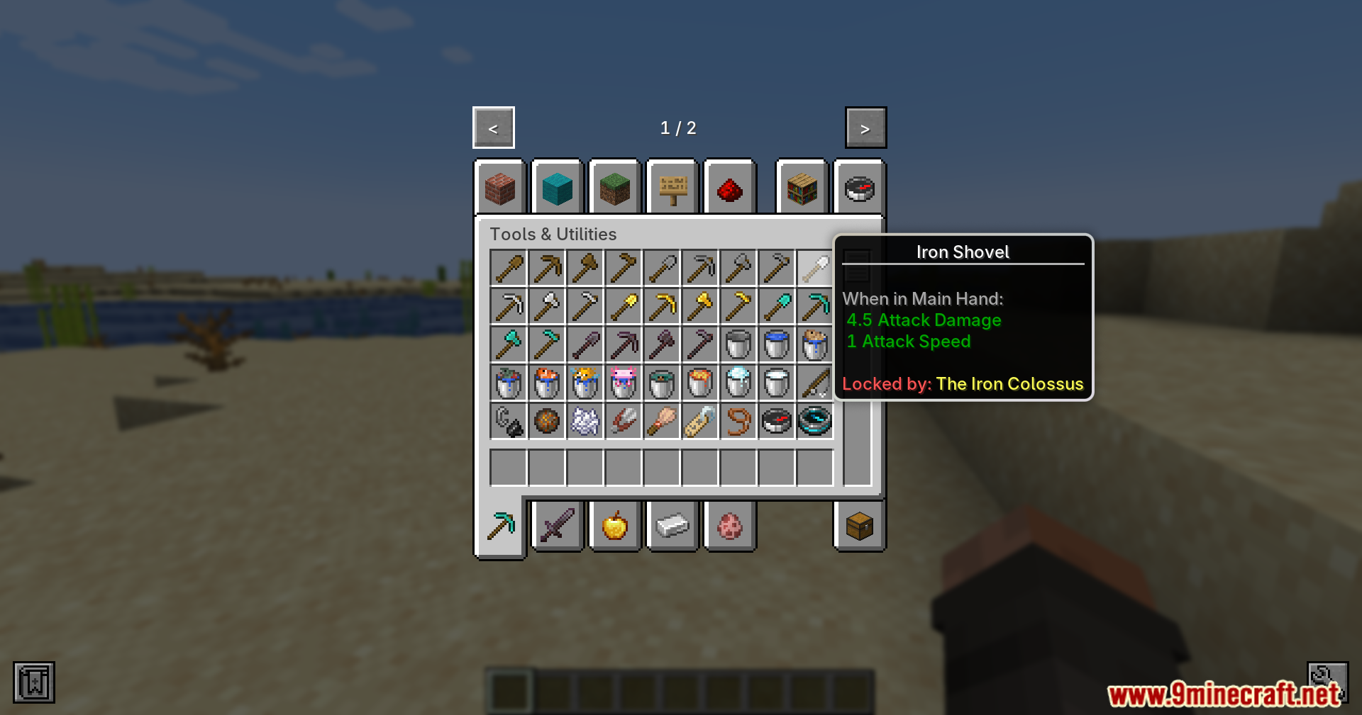 Armageddon Tooltip Hint Mod Screenshot 2 An iron shovel tooltip shows it is locked by a specific boss