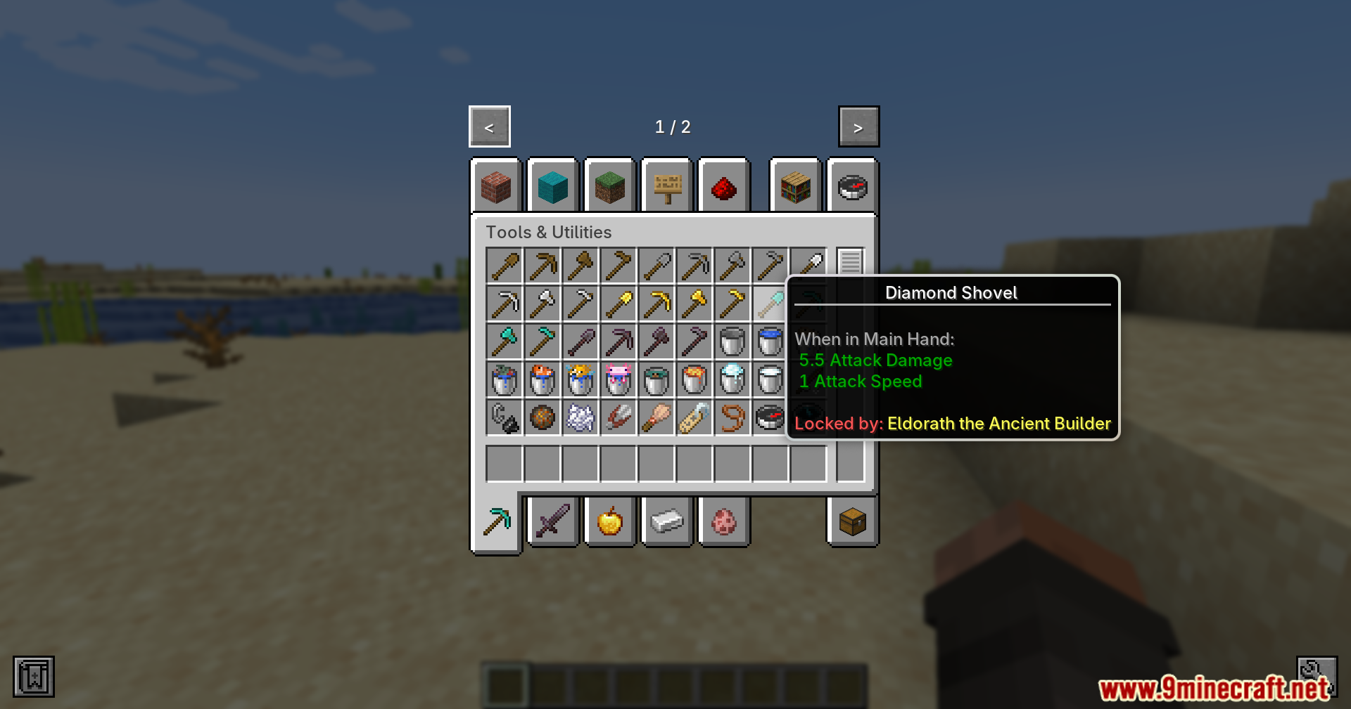 Armageddon Tooltip Hint Mod Screenshot 3 Diamond shovel tooltip showing it is locked by Eldorath the Ancient Builder