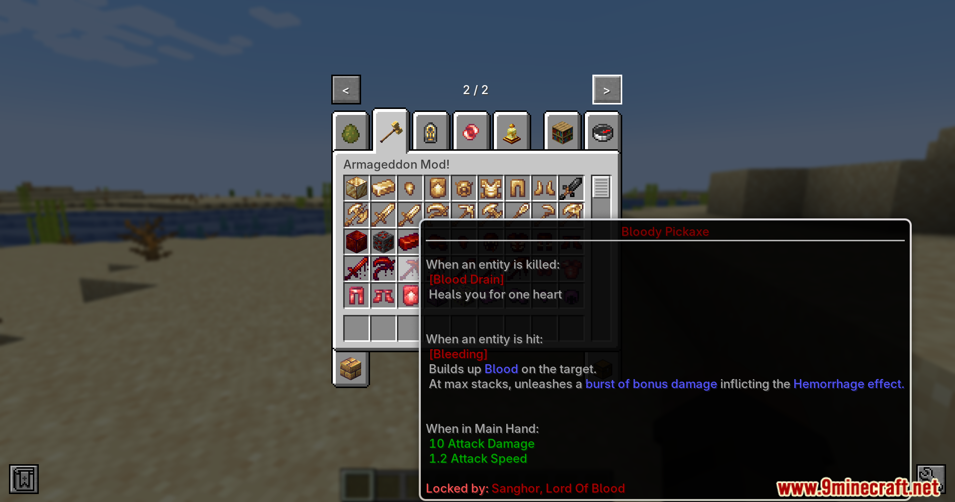 Armageddon Tooltip Hint Mod Screenshot 7 Minecraft inventory displaying a Bloody Pickaxe with a boss unlock hint