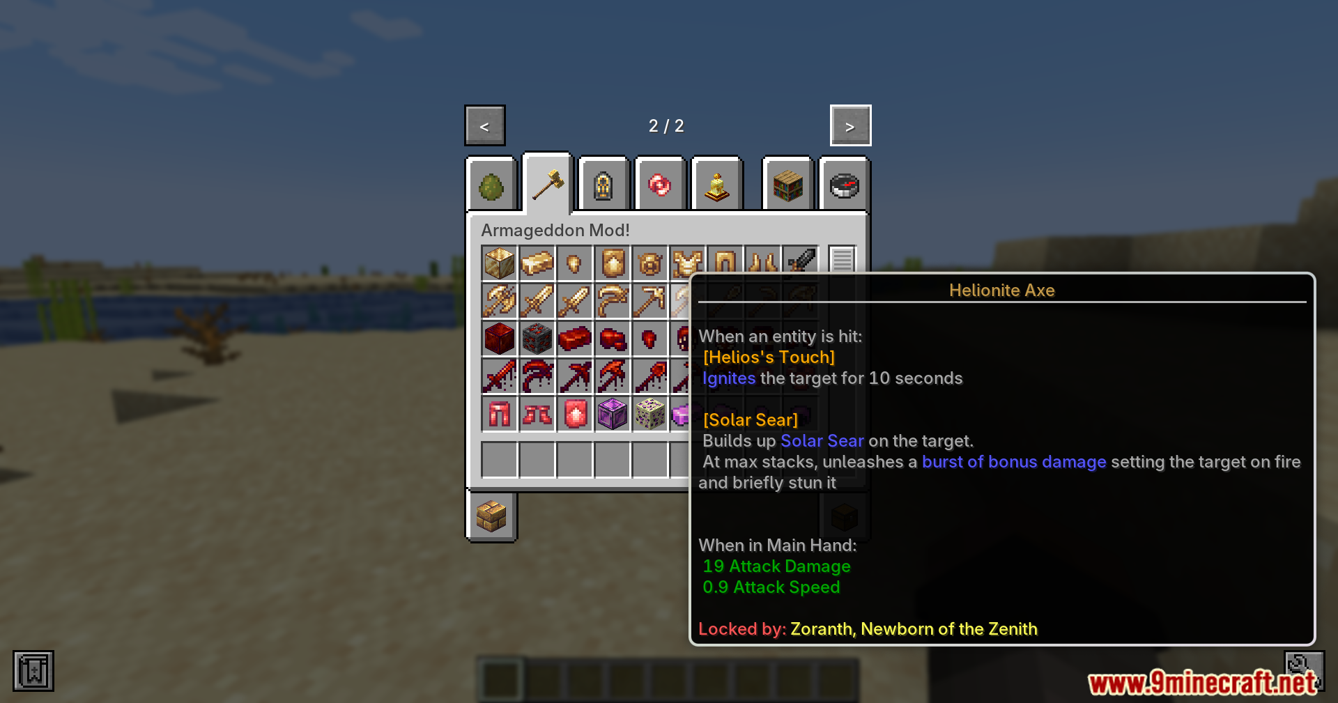 Armageddon Tooltip Hint Mod Screenshot 8 Minecraft inventory displaying a Helionite Axe with a boss unlock hint