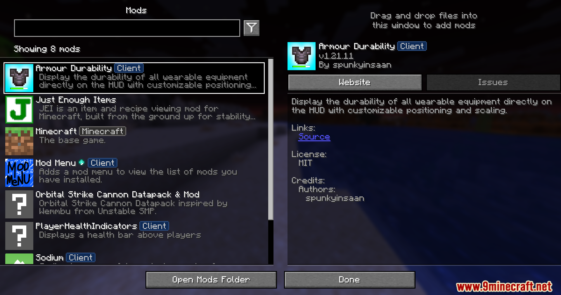 Armour Durablity Hud Mod Screenshot 1 Minecraft mod menu screen displaying information for the Armour Durability mod
