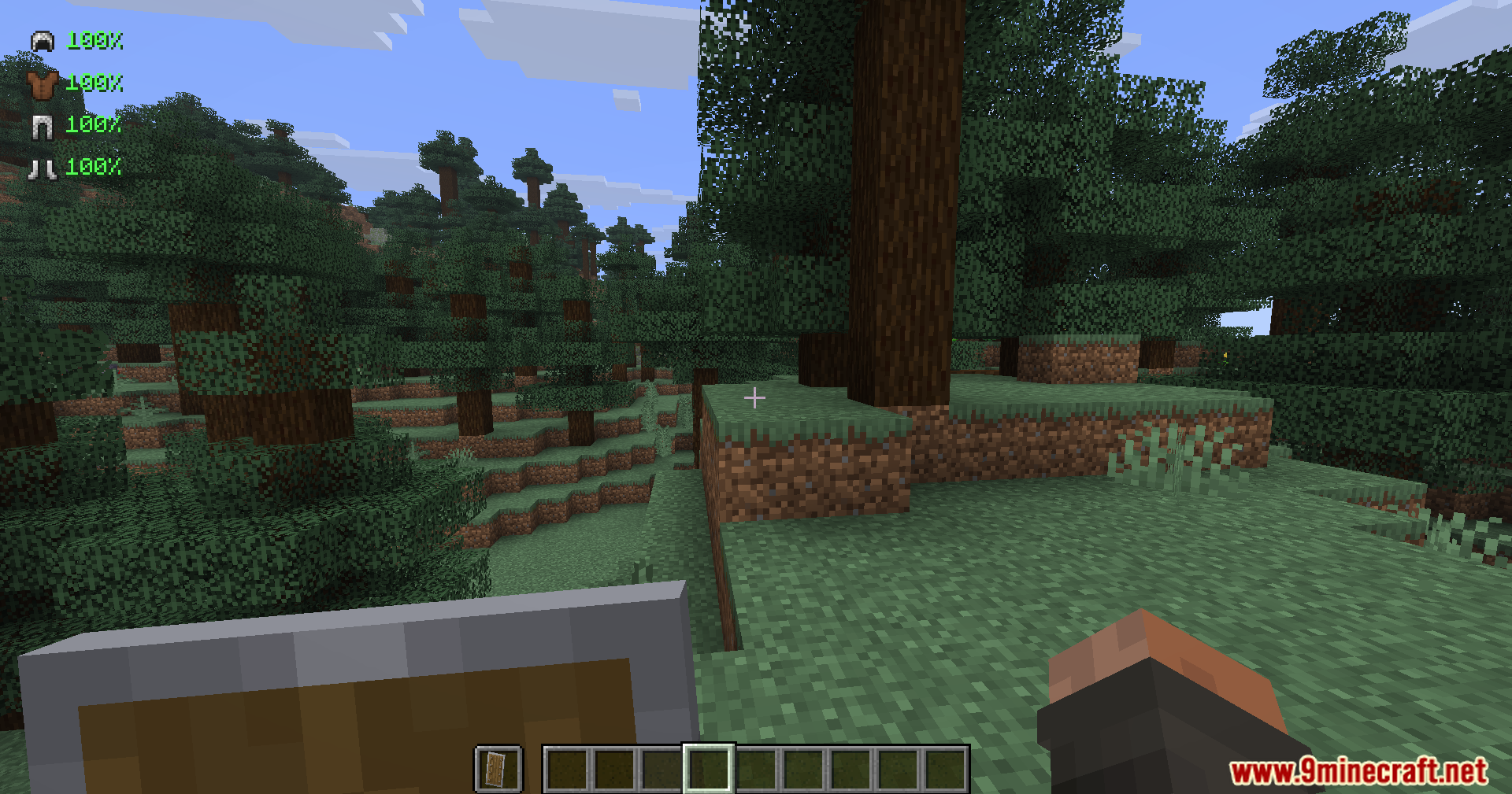 Armour Durablity Hud Mod Screenshot 3 First person view of spruce forest with armor durability HUD display