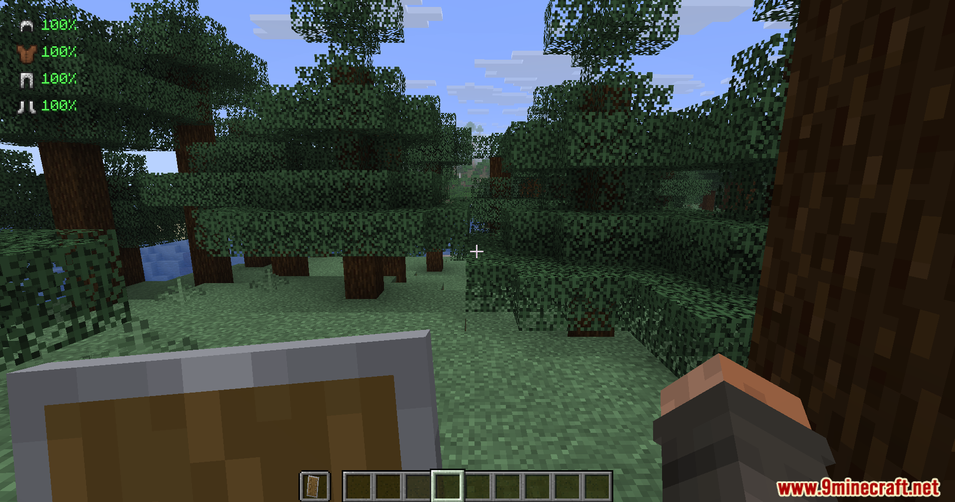 Armour Durablity Hud Mod Screenshot 4 Minecraft player in spruce forest with armor health indicators on screen