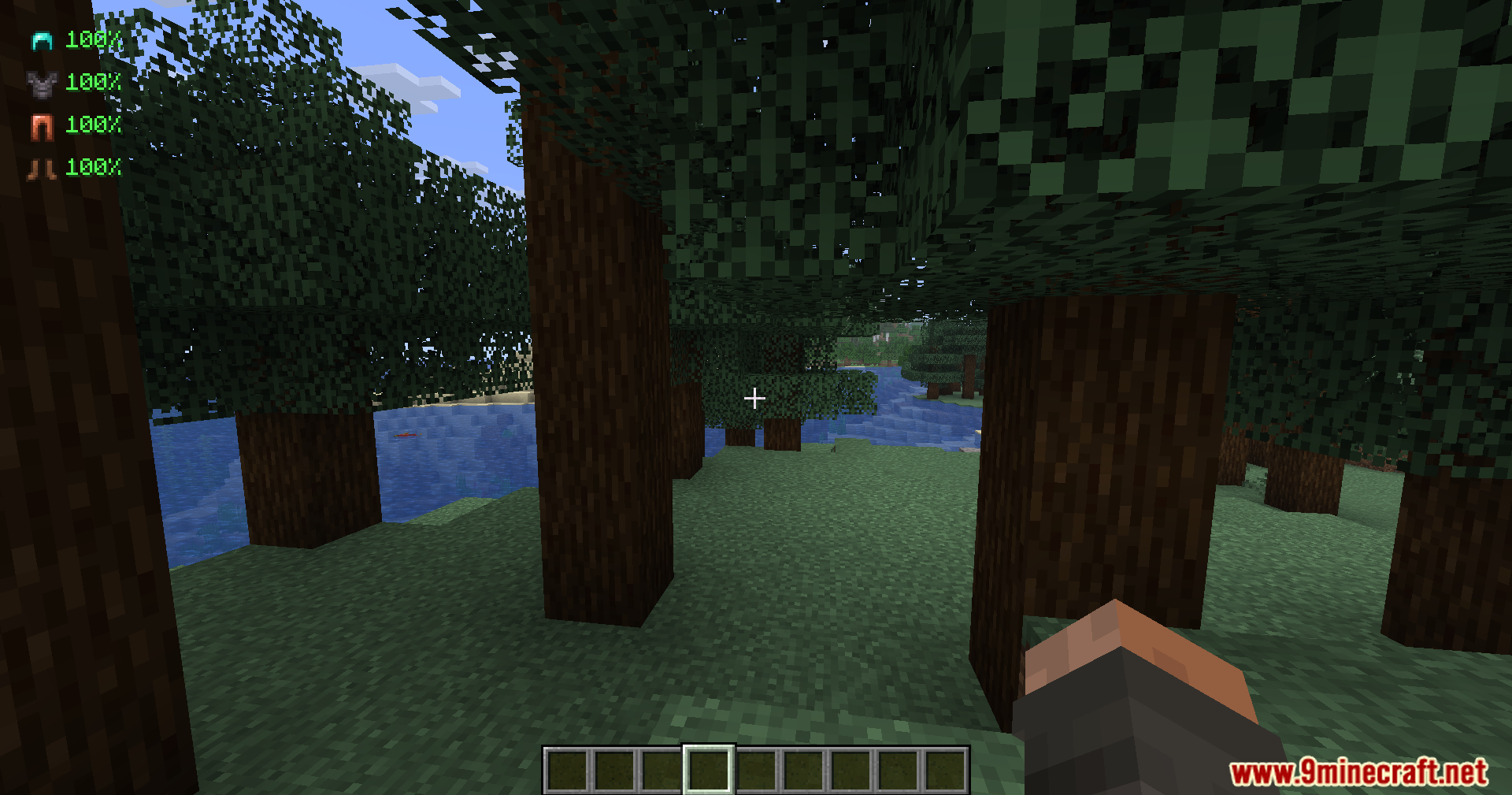 Armour Durablity Hud Mod Screenshot 6 Armor health indicators shown while walking through a dense forest biome