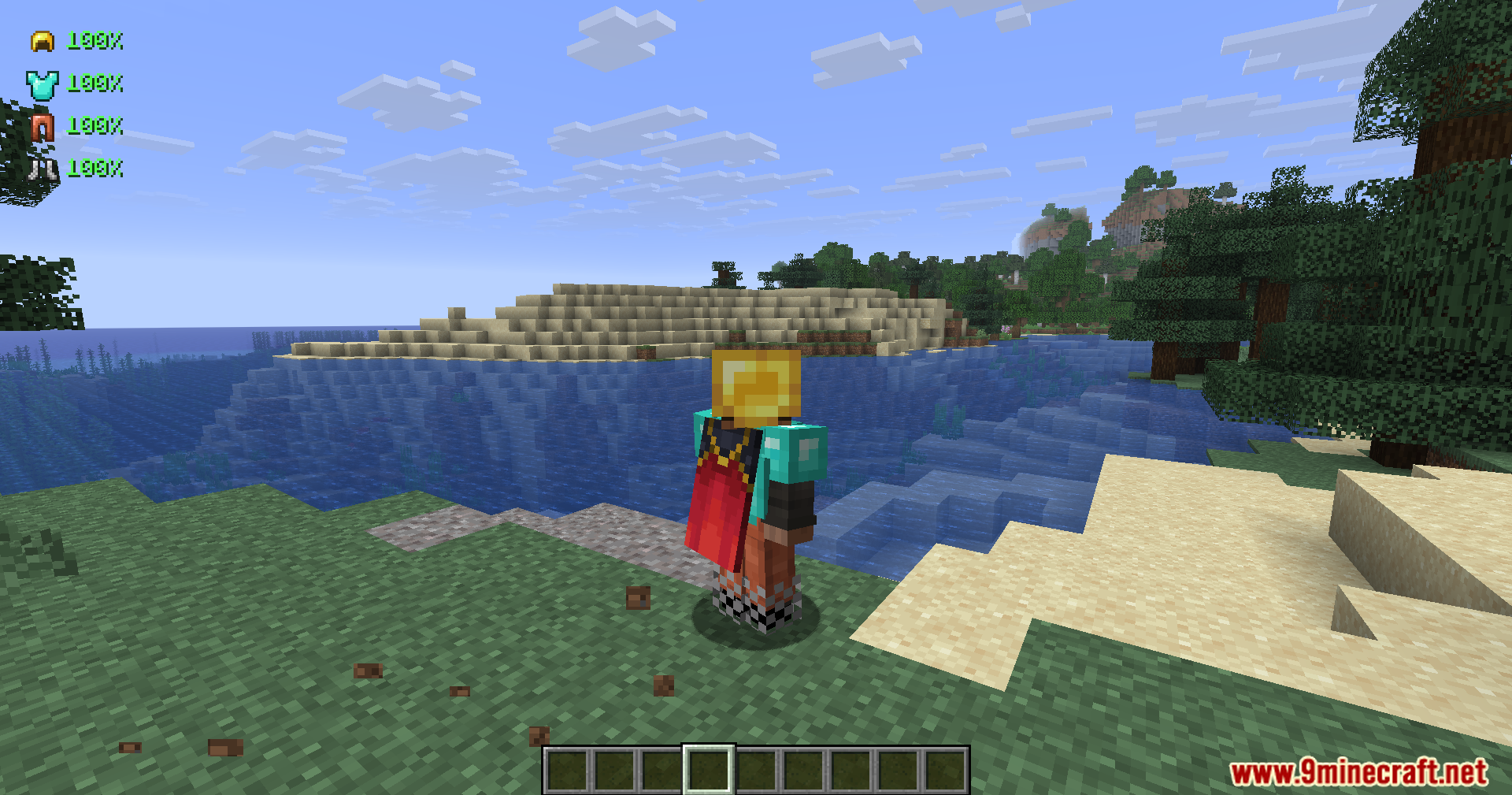 Armour Durablity Hud Mod Screenshot 8 Player wearing gold helmet and red cape near a river
