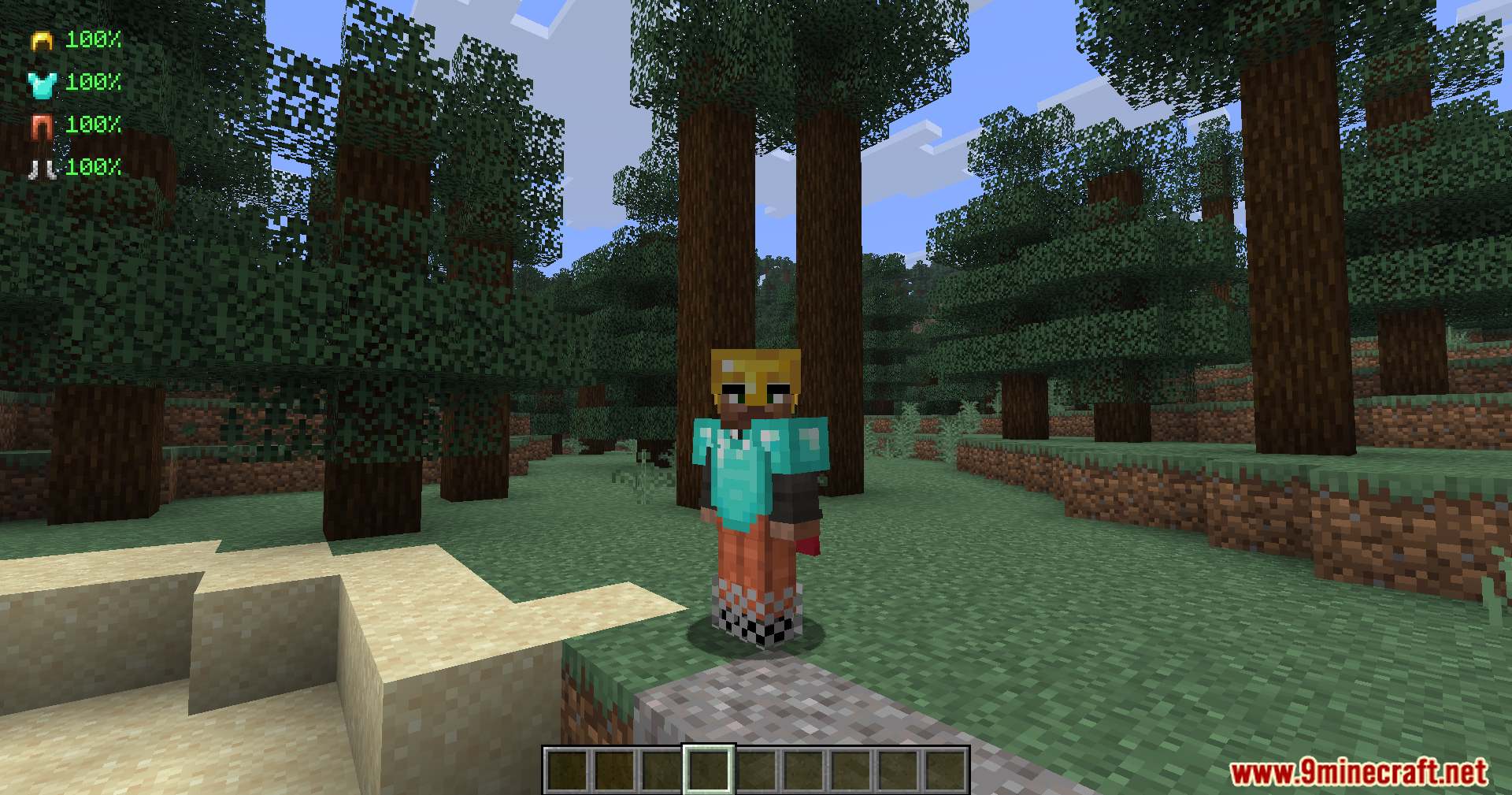 Armour Durablity Hud Mod Screenshot 9 Minecraft player wearing mixed armor stands in a dense spruce forest