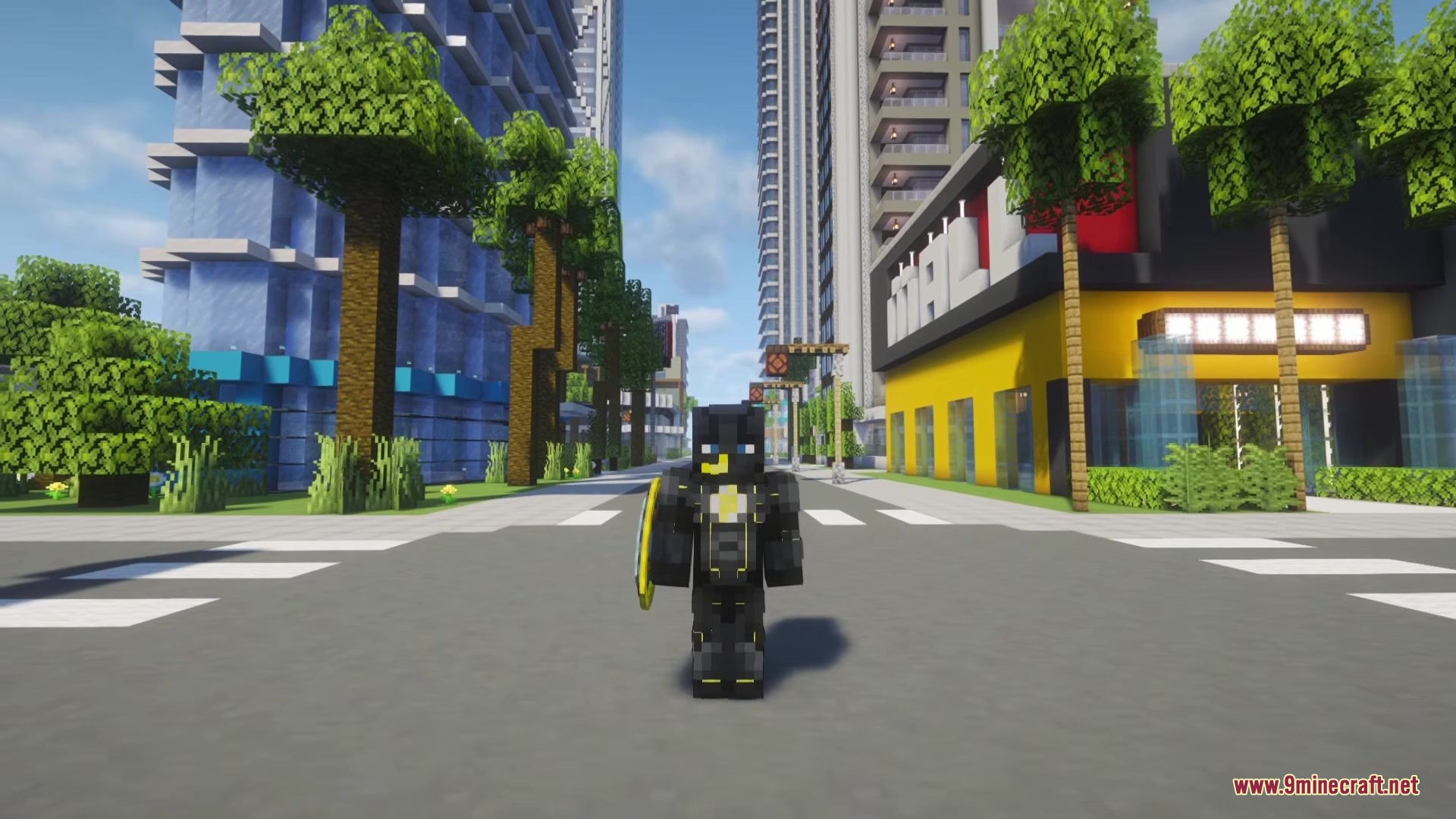 Minecraft player wearing a black and yellow superhero suit with a shield
