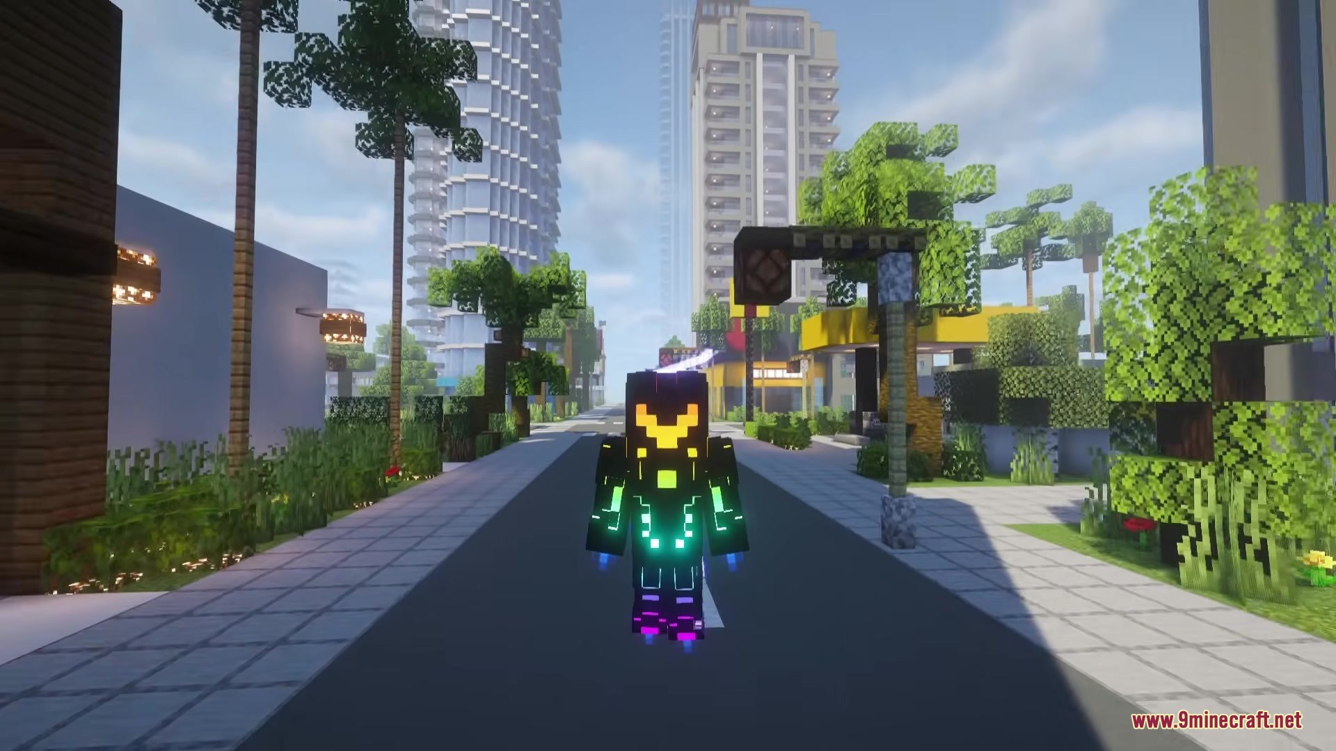 Minecraft player wearing a glowing green superhero suit on a city street