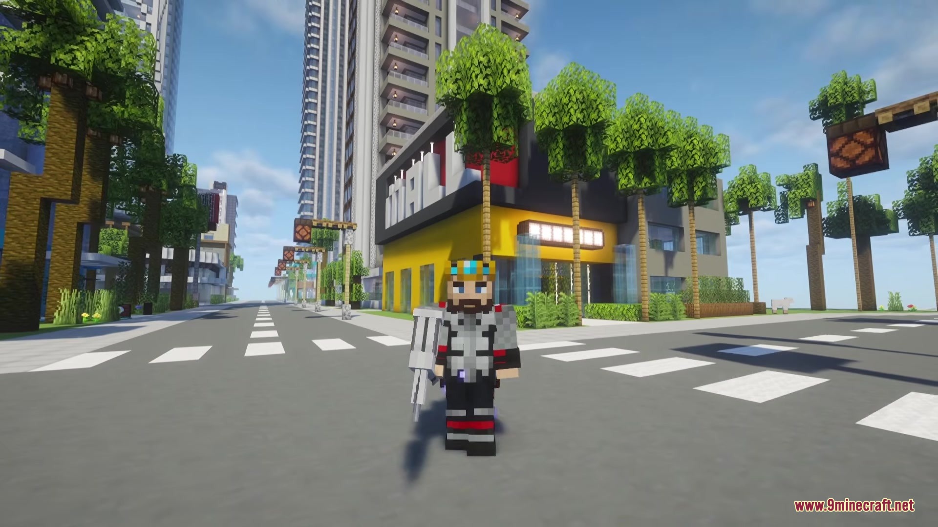 A Minecraft player wearing an Asgardian superhero suit stands on a city street